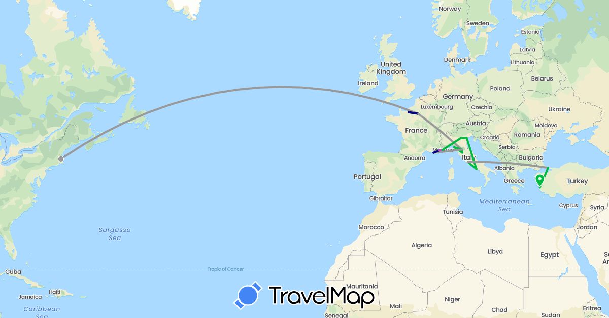 TravelMap itinerary: driving, bus, plane, train in France, Italy, Turkey, United States (Asia, Europe, North America)