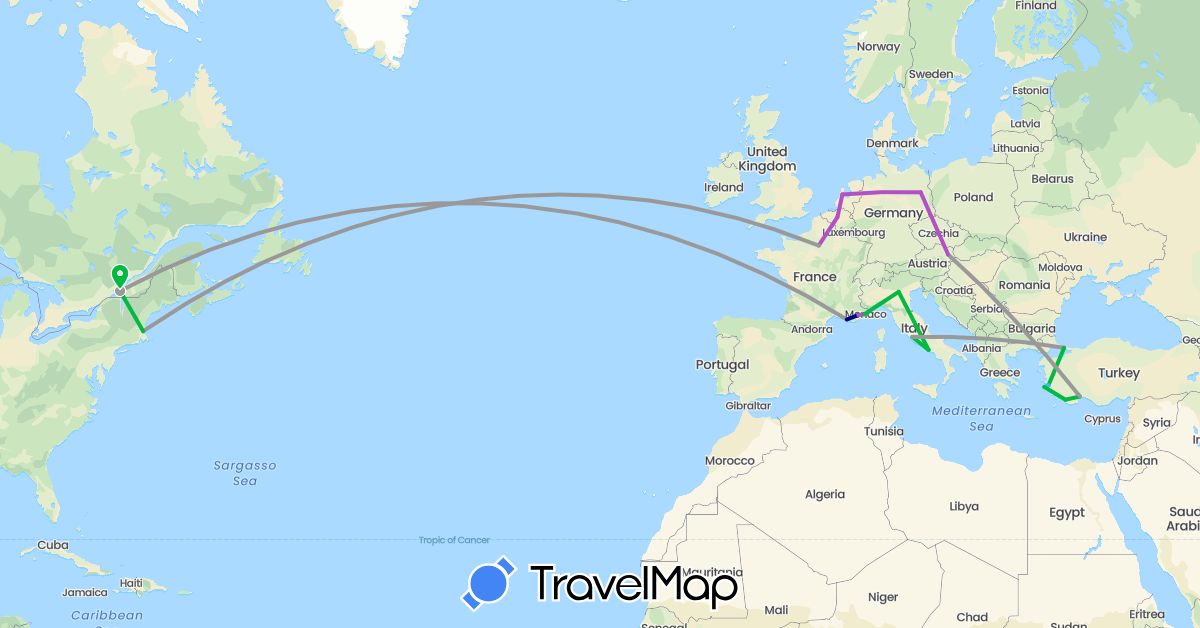 TravelMap itinerary: driving, bus, plane, train, boat in Austria, Belgium, Canada, Germany, France, Greece, Italy, Netherlands, Turkey, United States (Asia, Europe, North America)